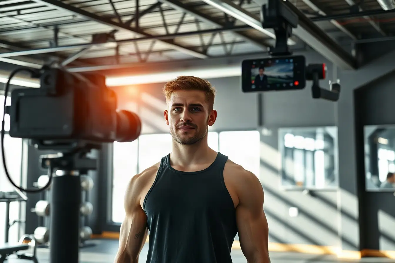 Fitness trainer being filmed for a vertical social media series in a modern gym