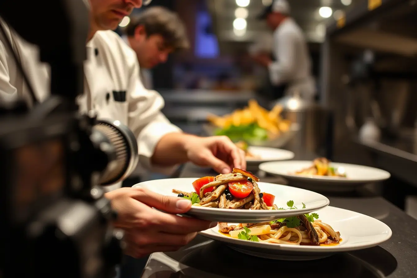Chef plating a restaurant dish while a videographer films a close-up